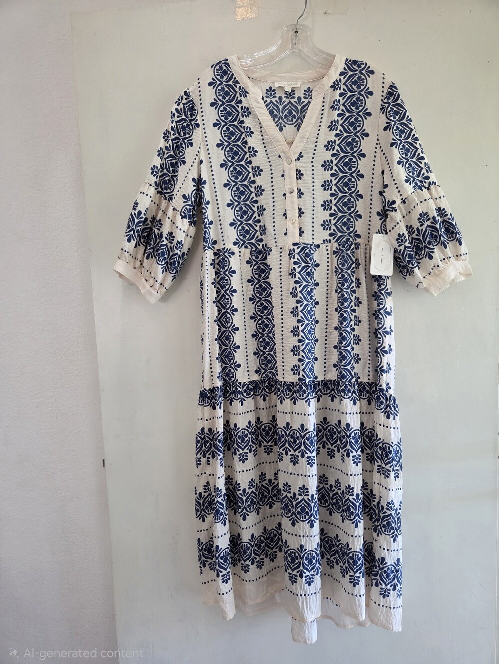 🆕️Fig + Flower 🌺 Women's Blue & Cream Embroidered V-Neck Large Midi Dress - Picture 11 of 11